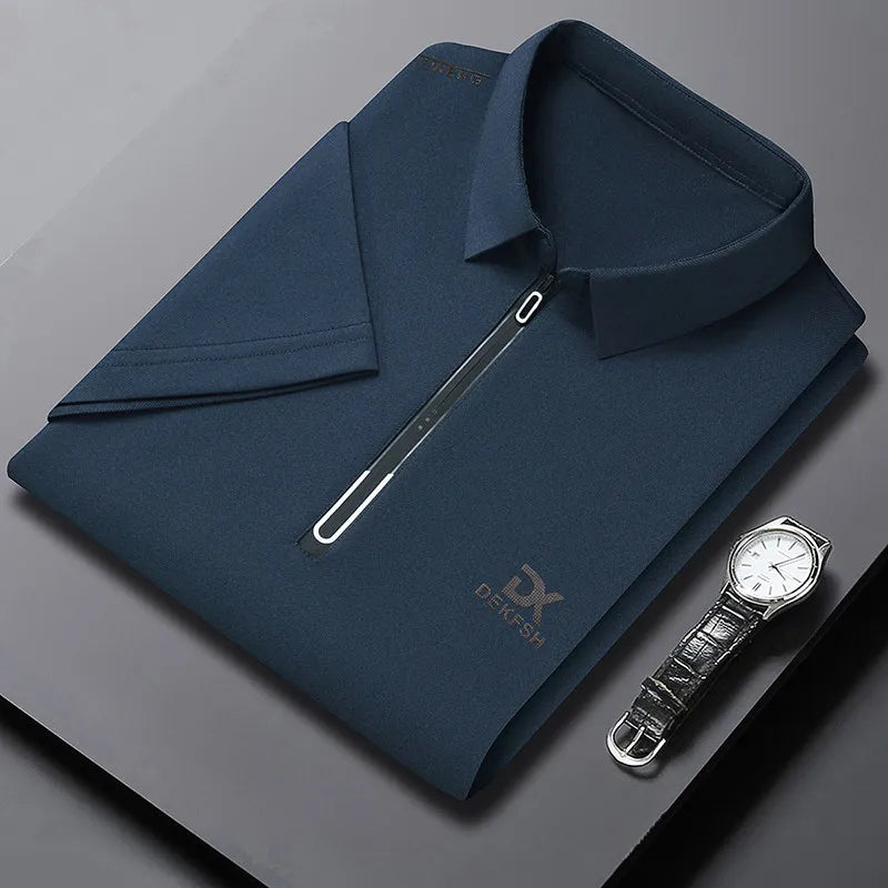 New Men's Business Casual Zipper Short Sleeve Solid Color Polo Shirt Fashionable Warm Comfortable Four Seasons Versatile Top