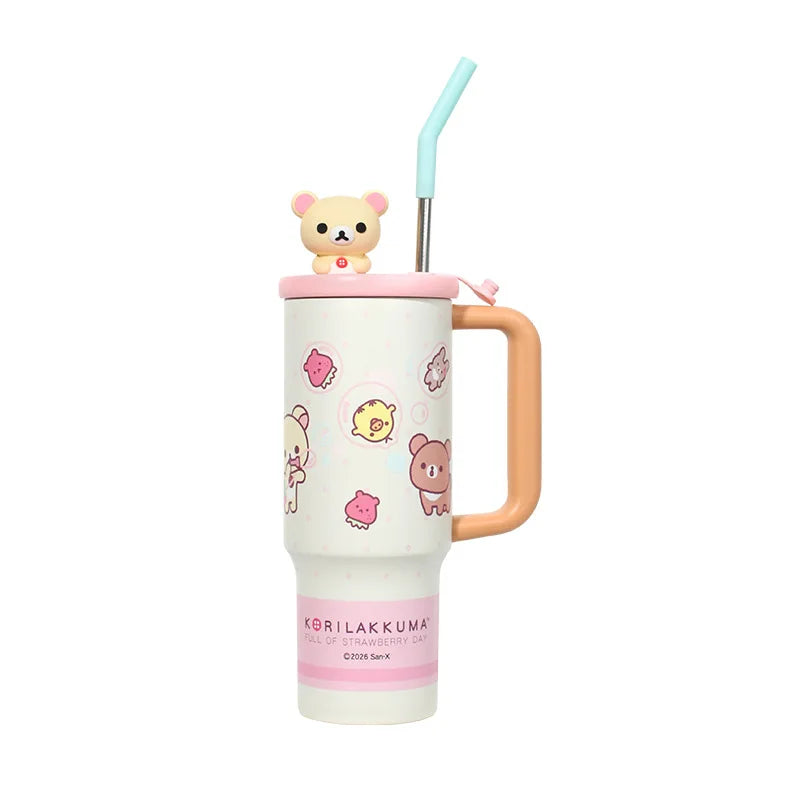Rilakkuma Stainless Steel Tumbler Large Capacity Insulated Water Cup With Straw Cartoon Portable Travel Drinking Mug