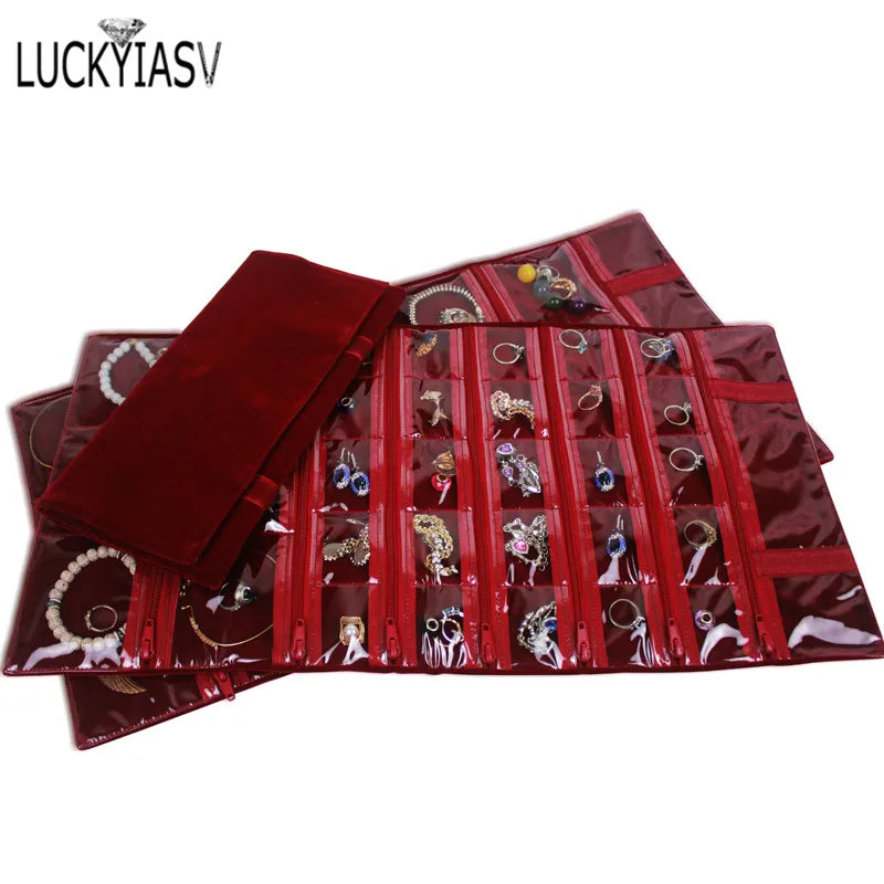 Velvet Travel Zipper Jewelry Roll Bag for Jewellery Ring Earrings Organizer Storage Bag Portable Necklace Display Cases
