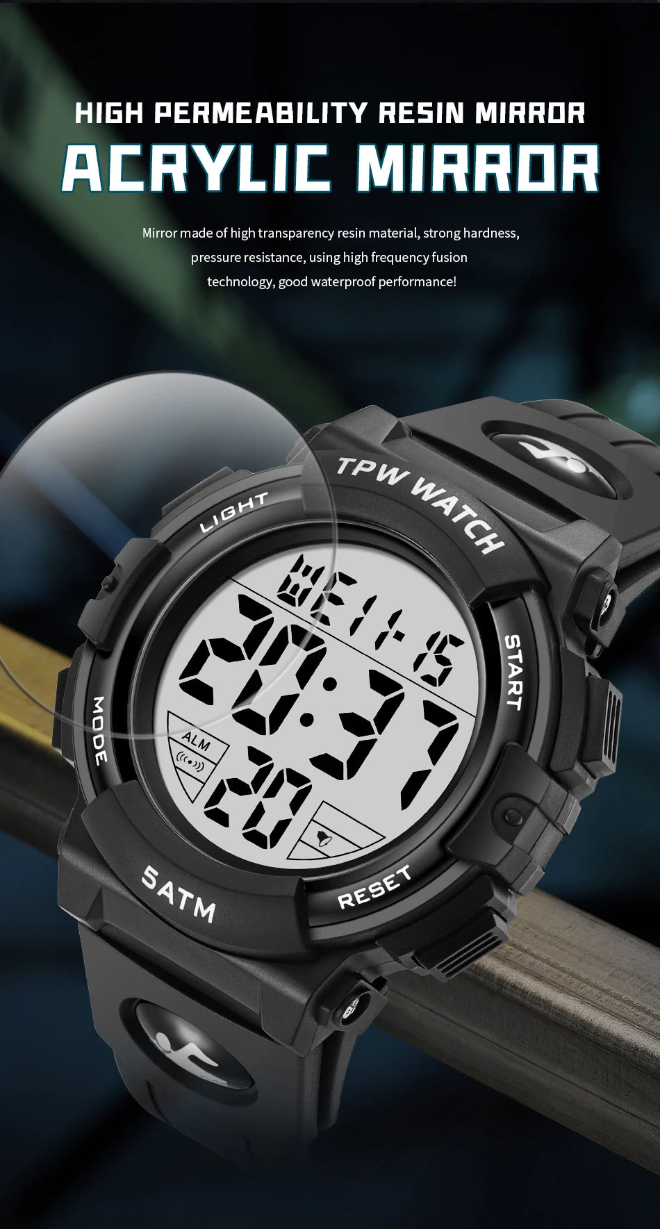 TPW Digital Watch with Big Numbers 5ATM Water Resistant Day Date Alarm Function Adventure Watch