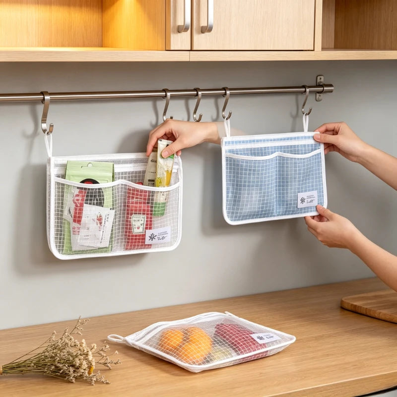 1PC Refrigerator Hanging Mesh Bag Double Compartment Storage Bag Fridge Side Door Organizer for Sauce Packet Kitchen Storage