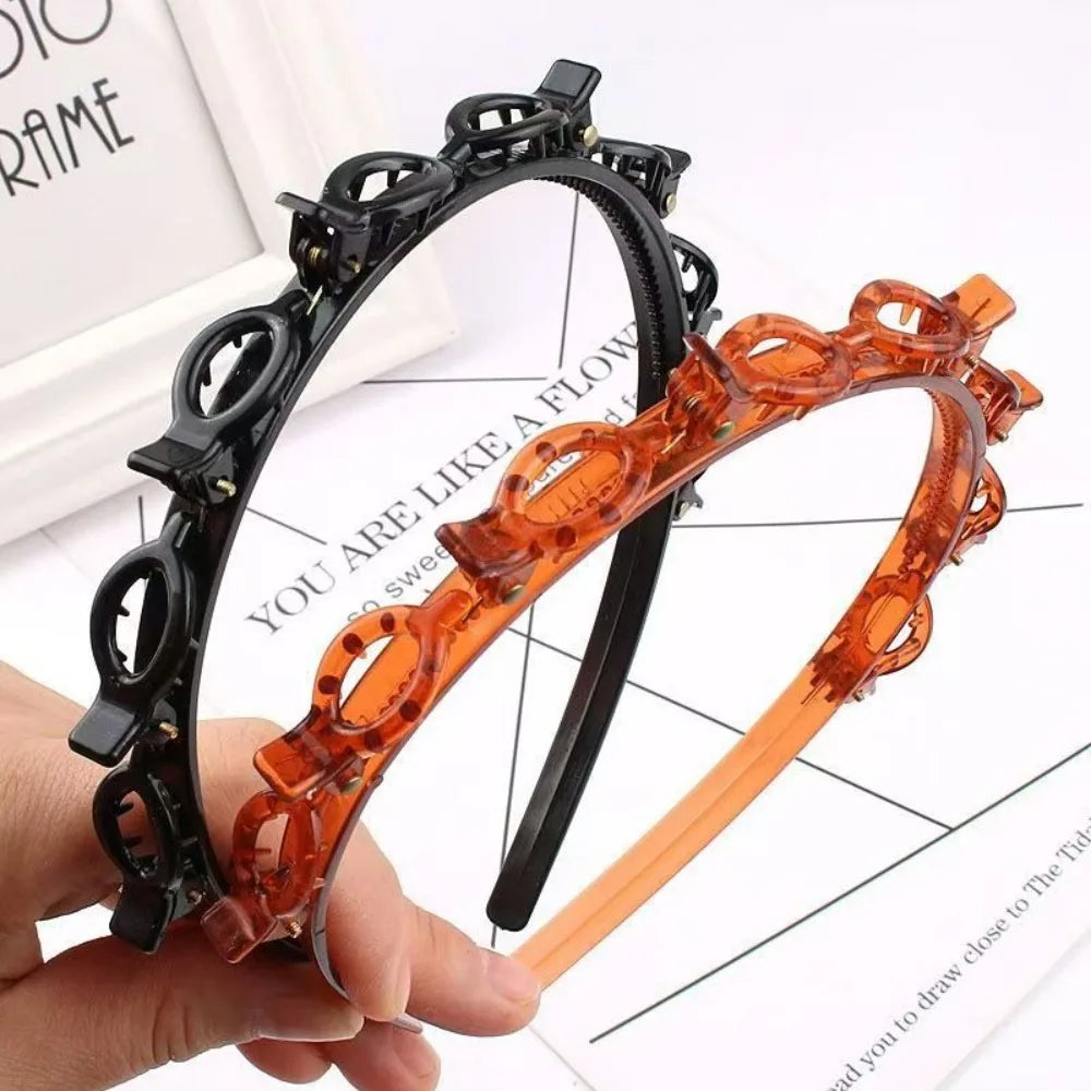 Adjustable Headband with Clips Double Bangs Hoop Design Multi Layer Toothed Braid Tool with 8 Clips Hair Styling Accessories