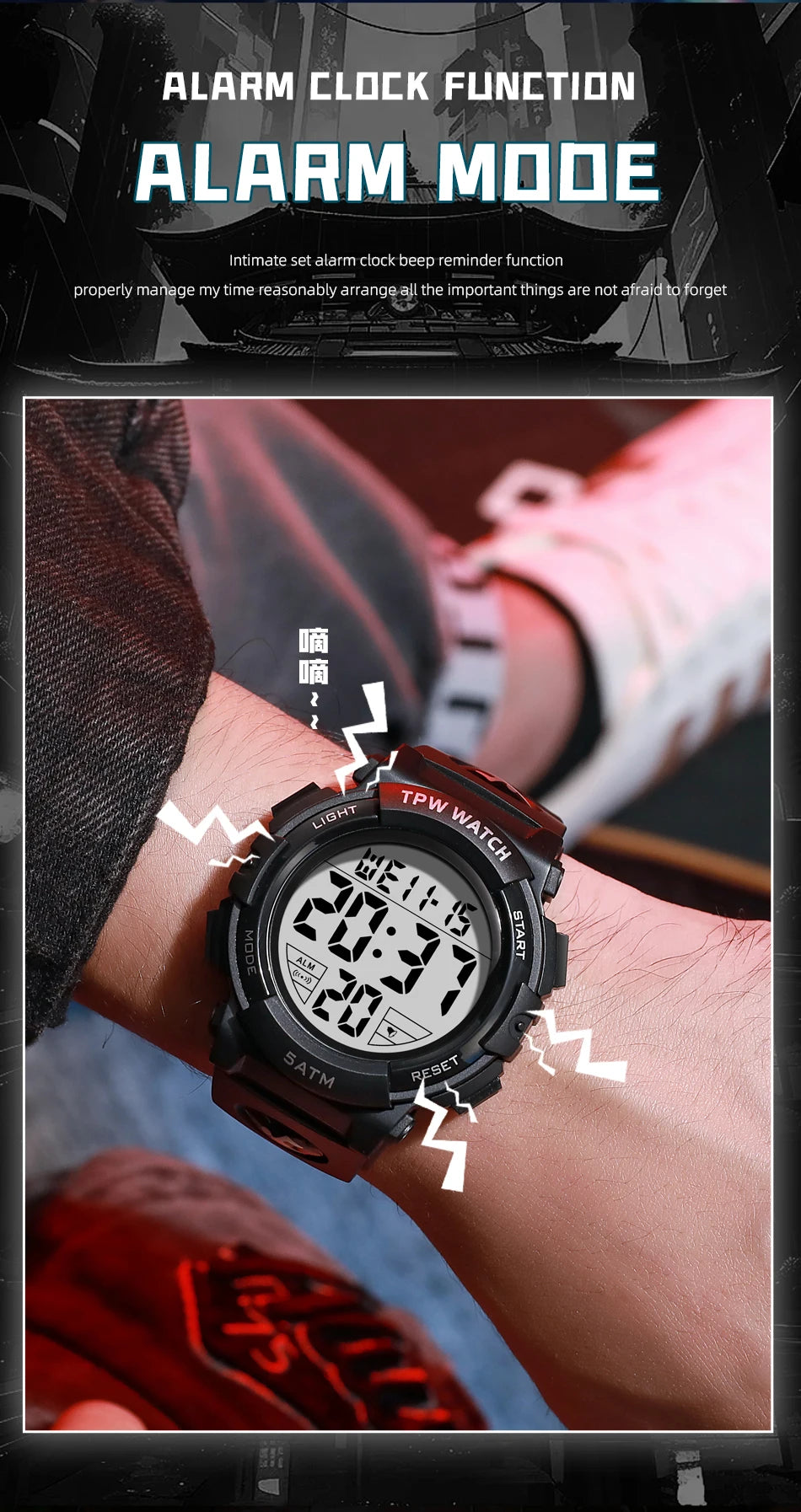 TPW Digital Watch with Big Numbers 5ATM Water Resistant Day Date Alarm Function Adventure Watch
