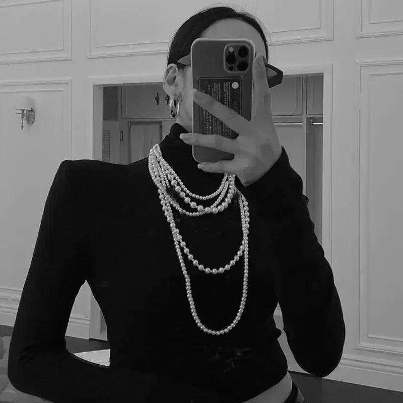 Colar comprido de pérolas multicamadas para mulher, elegante, acessório para vestido de noite, corrente para camisola