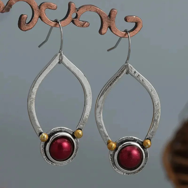 Vintage Red Stone Pendant ladies' Earrings Oval Antique Metal Jewelry