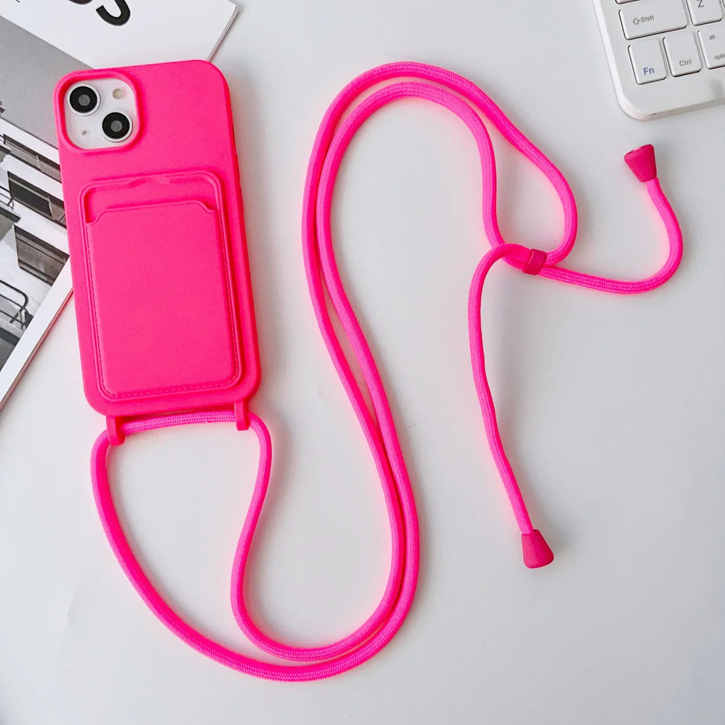Crossboby Lanyard Rope Phone Case with Card Holder For iPhone 17 16 E 15 14 13 12 11 Pro Max Necklace Strap Soft Silicone Cover