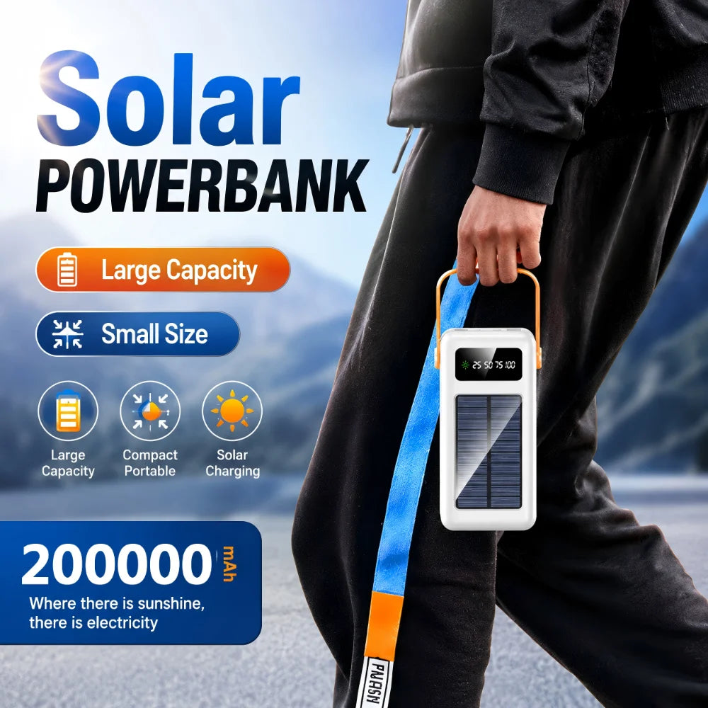 Solar Power Bank 200000mAh 120w Super Fast Charging With Four Wire External Battery Pack With Flashlight For Outdoors