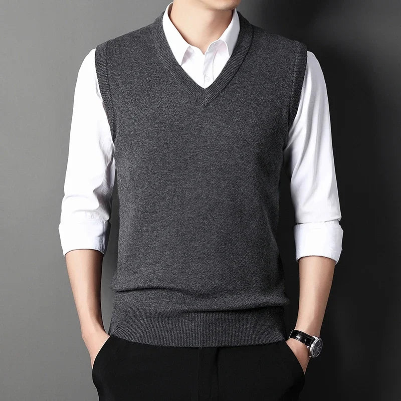 2026 Autumn Winter New Men's Solid Color V-neck Knitted Vest Casual Fashion Warm Sweater Versatile Top