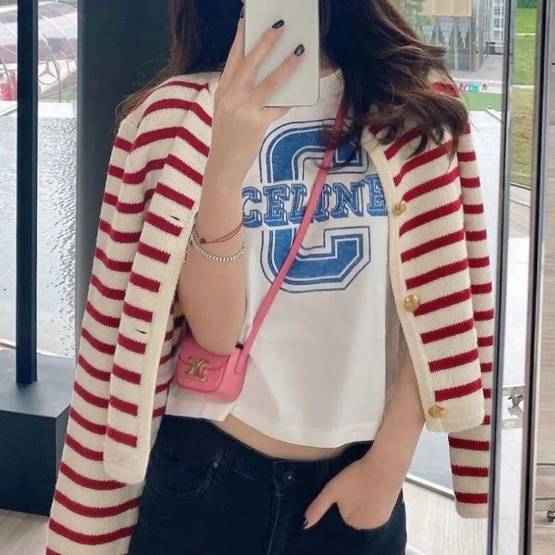 Elegant Striped Knitted Cardigans Coat Fashion Long Sleeve Women O-Neck Single Breasted Korean Sweaters Autumn Tops New Cardigan