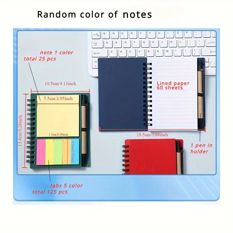 Spiral pocket notebook with pen holder, sticky notes, and colored index tags - Durable brown paper cover notebook  Easy to carry