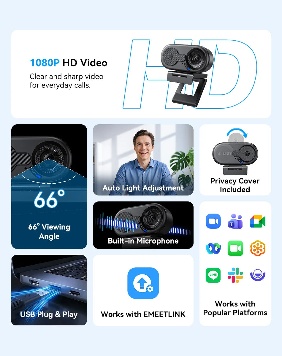 4K/2K/1080P Webcam EMEET C100 USB Computer Camera for Living/ Video Call/ Conference