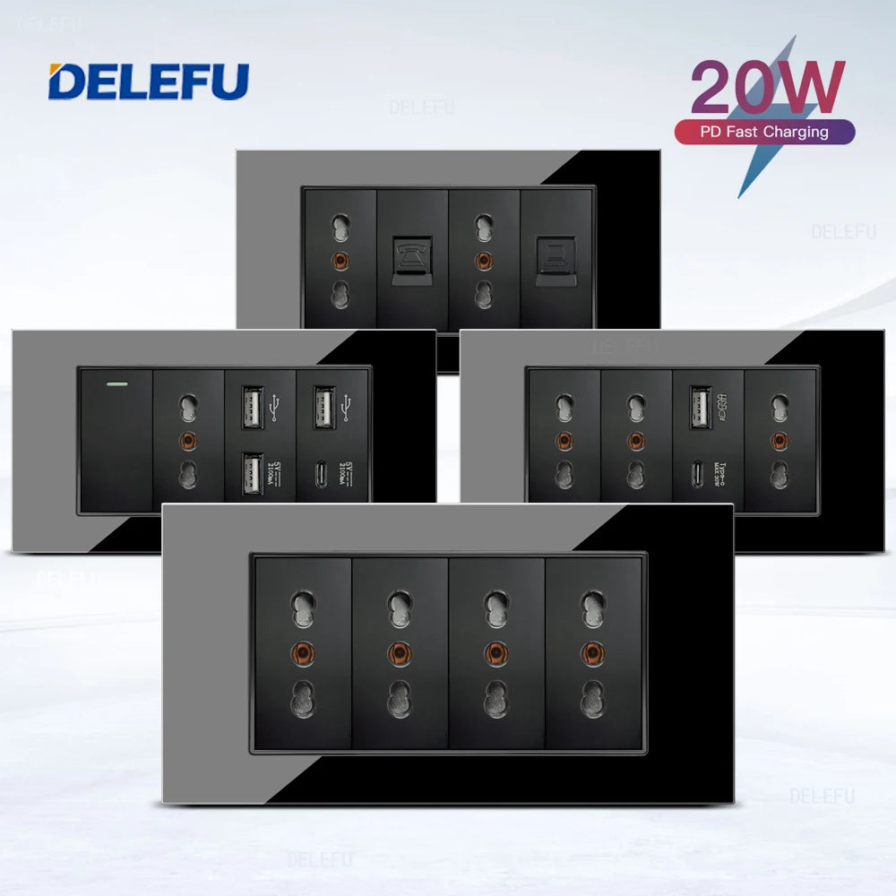 DELEFU Glass SC70 Panel 145mm Black Italian Standard USB C-type Fast Charging Wall Socket Switch TV Telephone CAT5 CAT6