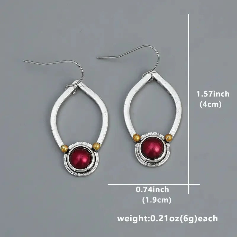 Vintage Red Stone Pendant ladies' Earrings Oval Antique Metal Jewelry