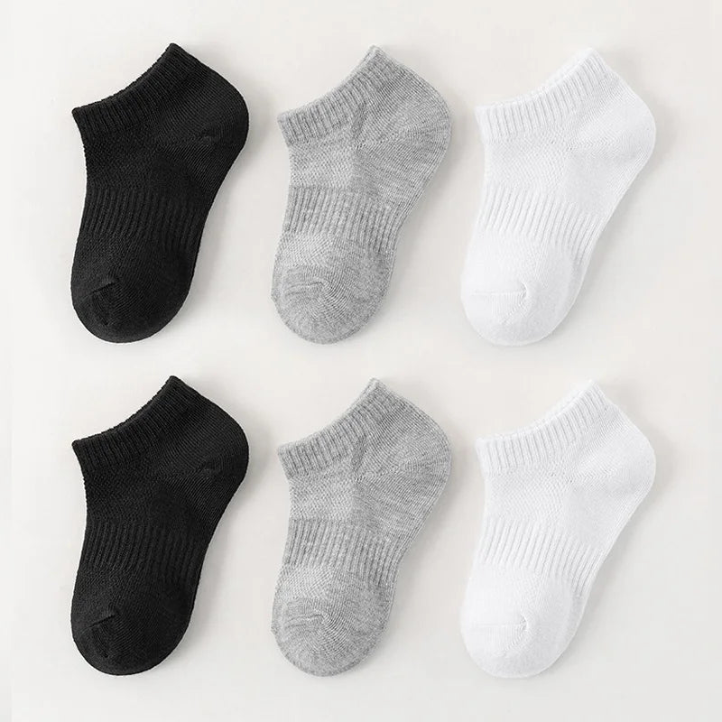6 Pairs Kids Socks Breathable Mesh Girls Ankle Socks White Black Solid Colors Boys Sports Socks for Spring Summer