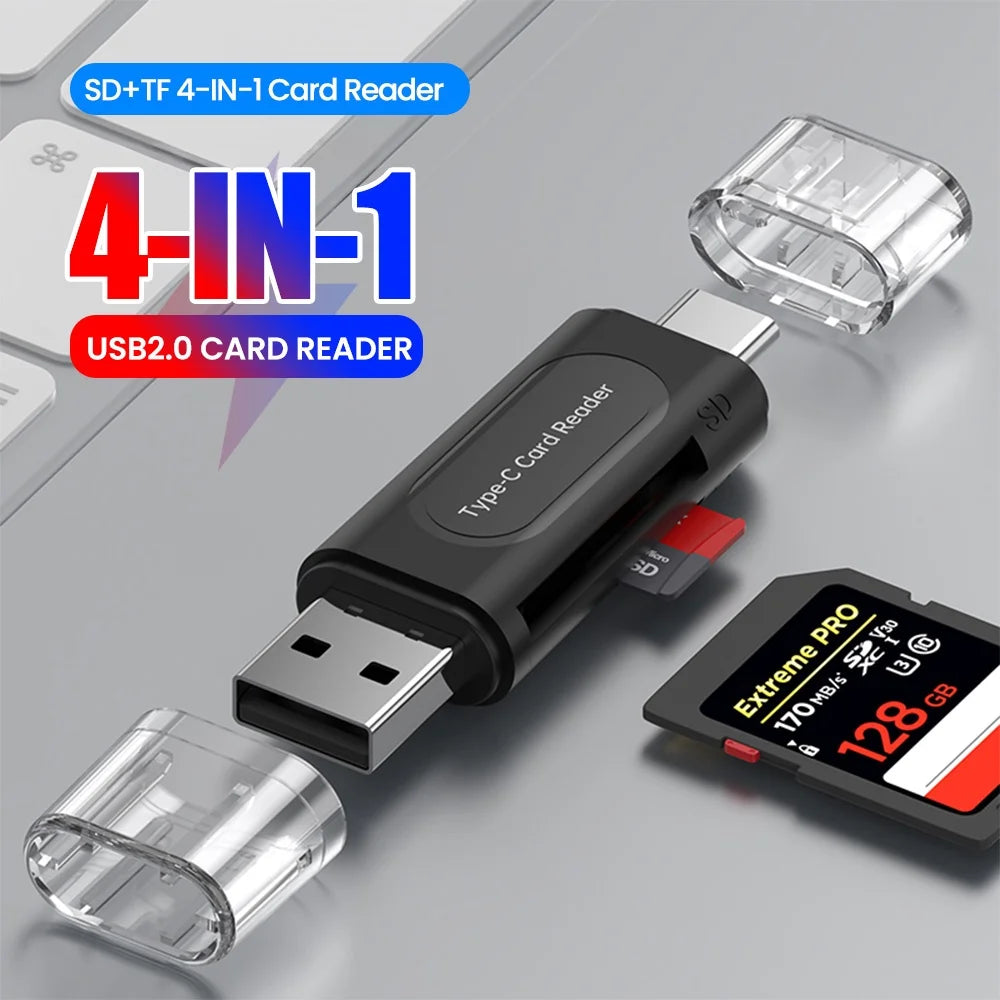 4 in 1 USB Type C Multifunction Card Reader USB 2.0 Stretch SD TF Memory Stick For iPhone 15 16 Laptop PC External Storage Gear