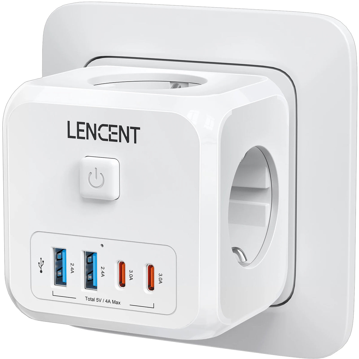 LENCENT 7-in-1 EU Plug Wall Socket Extender with 3AC Outlets+ 2 USB-A+2 USB-C Cube Socket On/Off Switch Adapter for Home