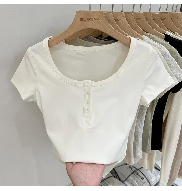 Women T Shirt Button T-Shirt Woman Clothes Tops Cotton Slim Tshirt Female Short Sleeve Top Summer Tee Sexy Canale Y2k