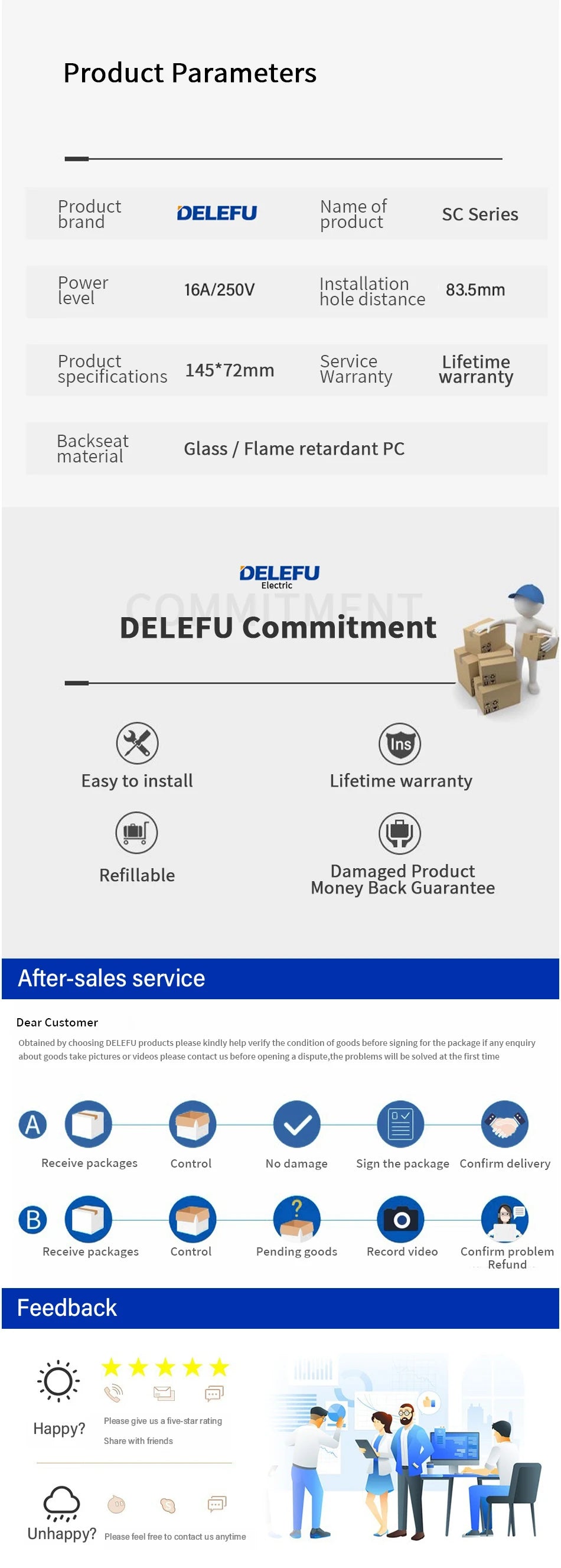 DELEFU Glass SC70 Panel 145mm Black Italian Standard USB C-type Fast Charging Wall Socket Switch TV Telephone CAT5 CAT6