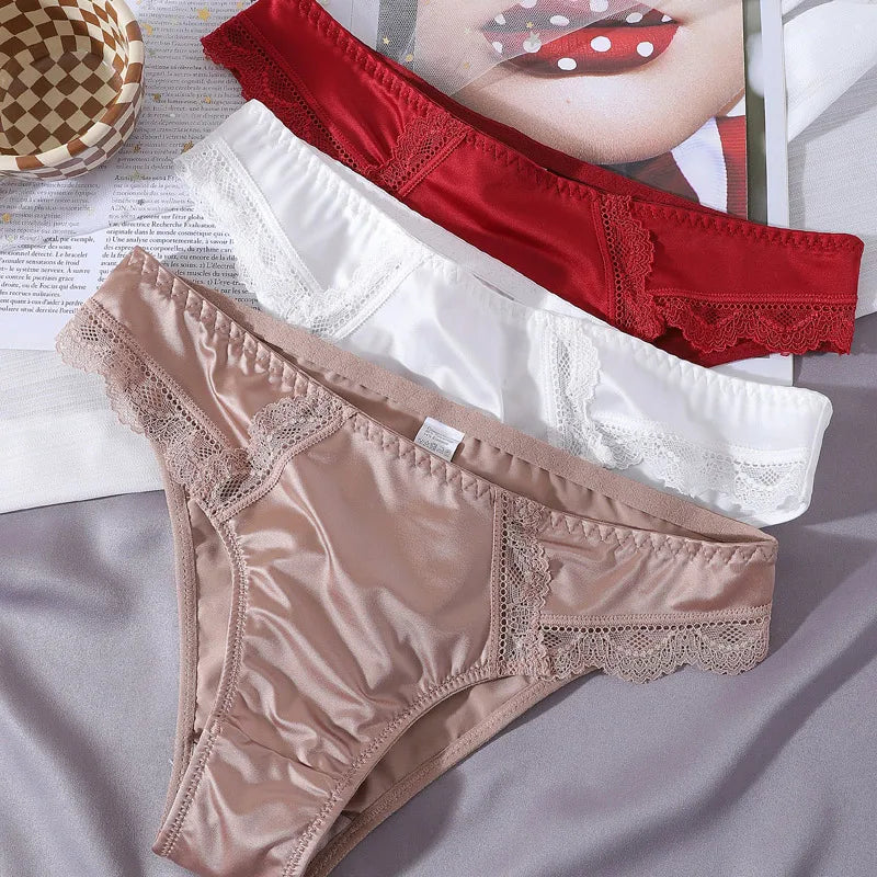 New Women's Silky Satin Low Waisted Underwear Sexy Lace Triangle Pants With Silk Texture Breathable Comfortable Shorts Underwear