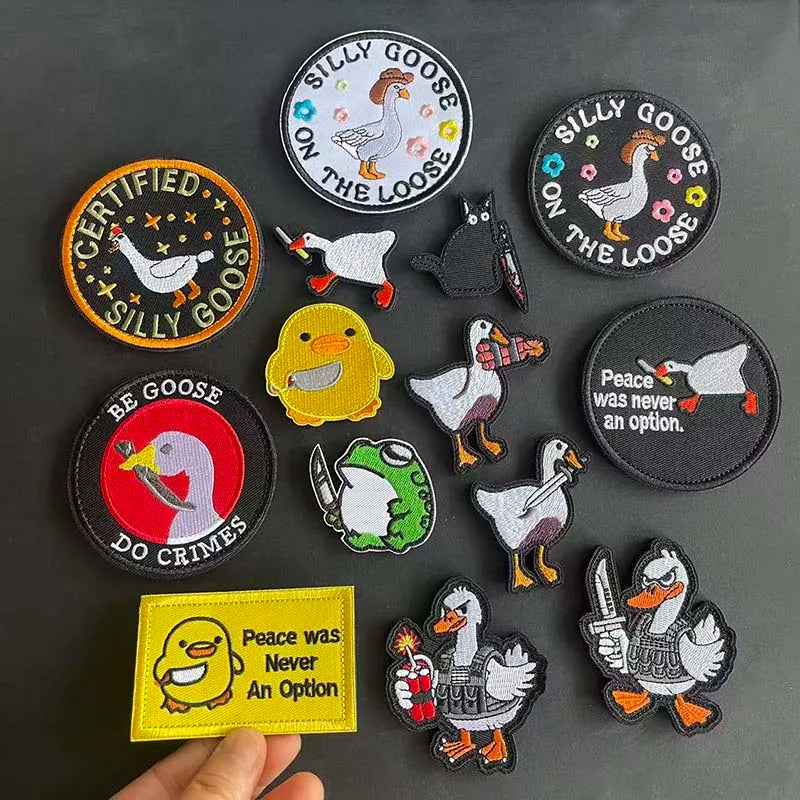 Animal With Knife Fabric Applique Embroidery Hook and Loop Patch,Peace Goose,Angry Frog,Cat,Duck Tactical Badges Clothes Sticker