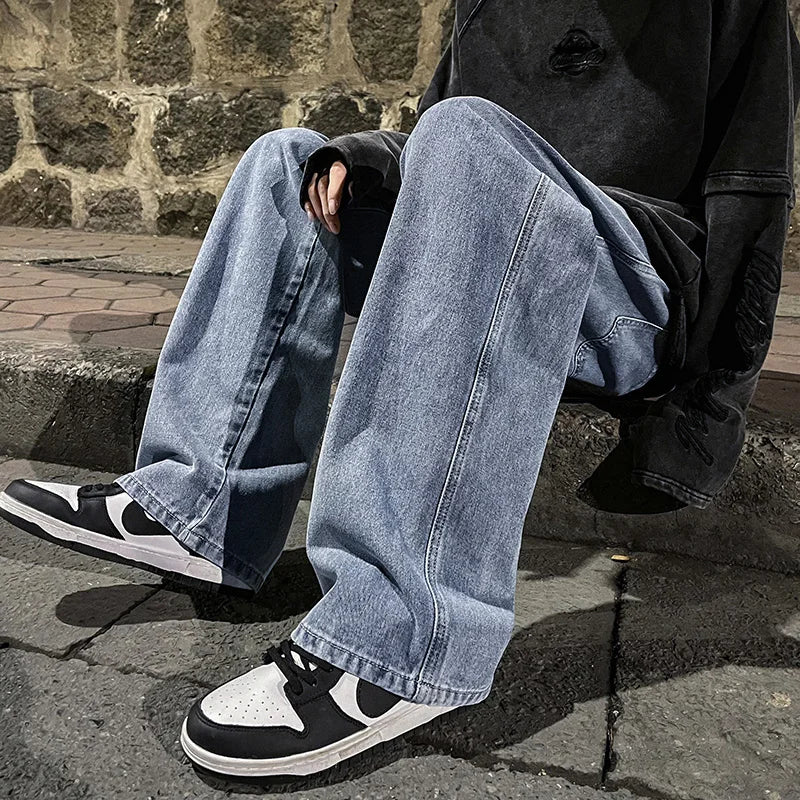 Korean Fashion Men's Baggy Jeans Elastic Waist  Classic olid Color Straight-leg Denim Wide-leg Pants Male Light Blue Grey Black