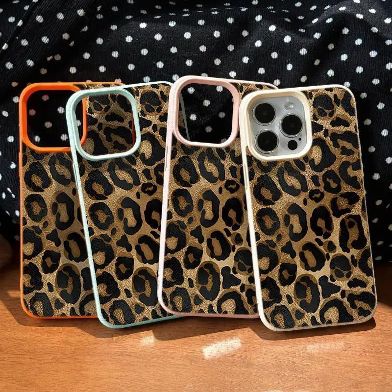 INS Brown Leopard Print Y2K Phone Case For iPhone 16 15 14 13 12 11 Pro Max Plus X XR XSMax Soft TPU Imitation Leather Cover