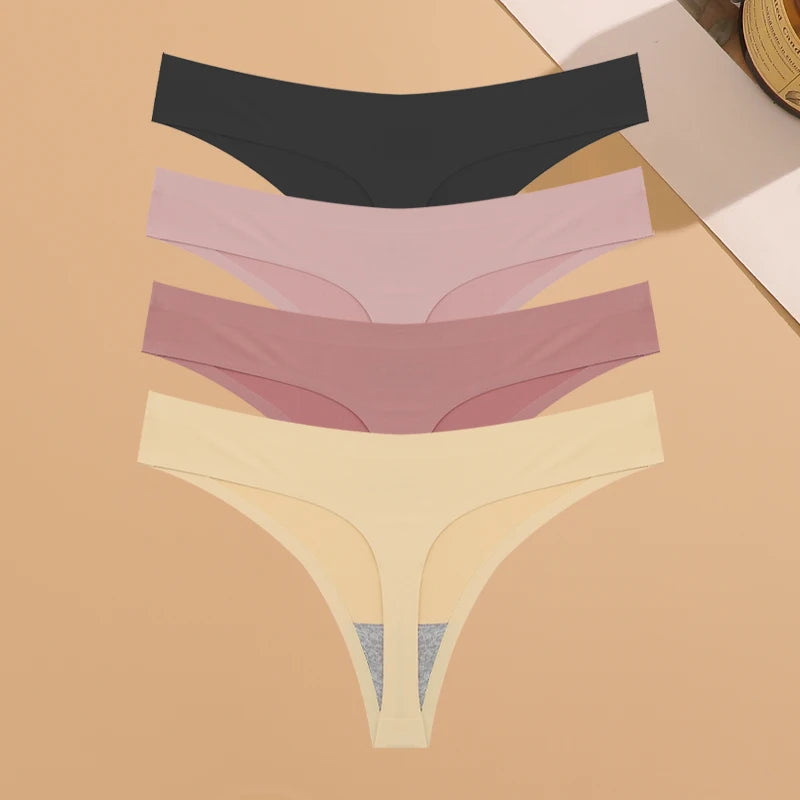 4PCS Ultra-thin Seamless Underwear Women's Invisible Panties Sexy Ice Silk Thongs Low Waist Breathable Bikini Stretchy Lingerie