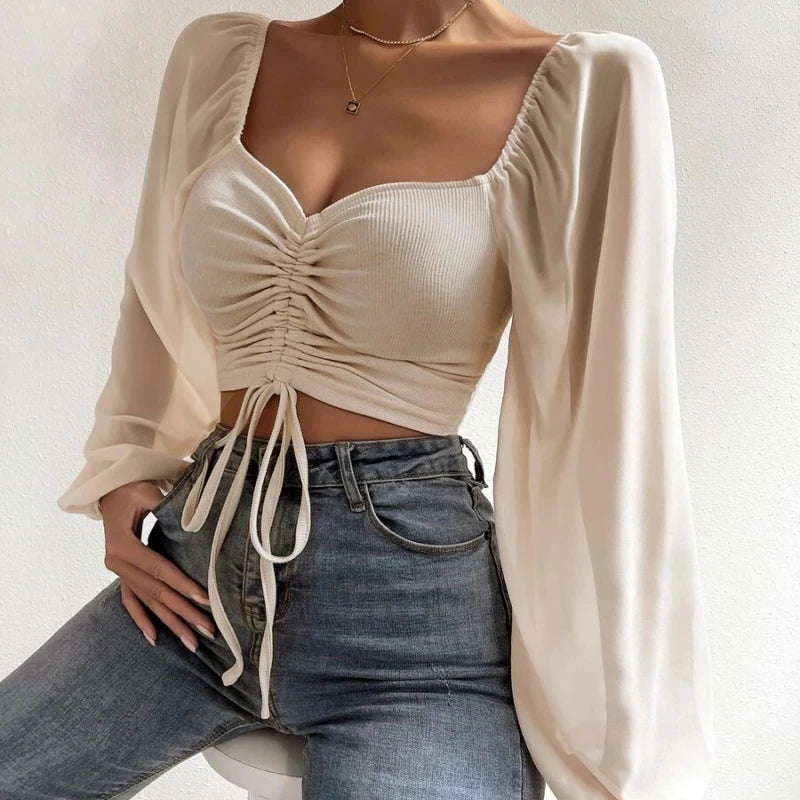 Woman Chiffon Knit Tshirts Long Puff Sleeve Sexy Close-Fitting T-shirt Spring Autumn V-neck New Fashion Solid Simple Tops Tees