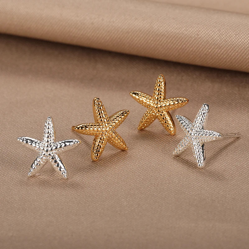 Marine Life Starfish Earrings for Women Girls Gold Color Stainless Steel Starfish Stud Earrings Summer Jewelry Seaside Gifts