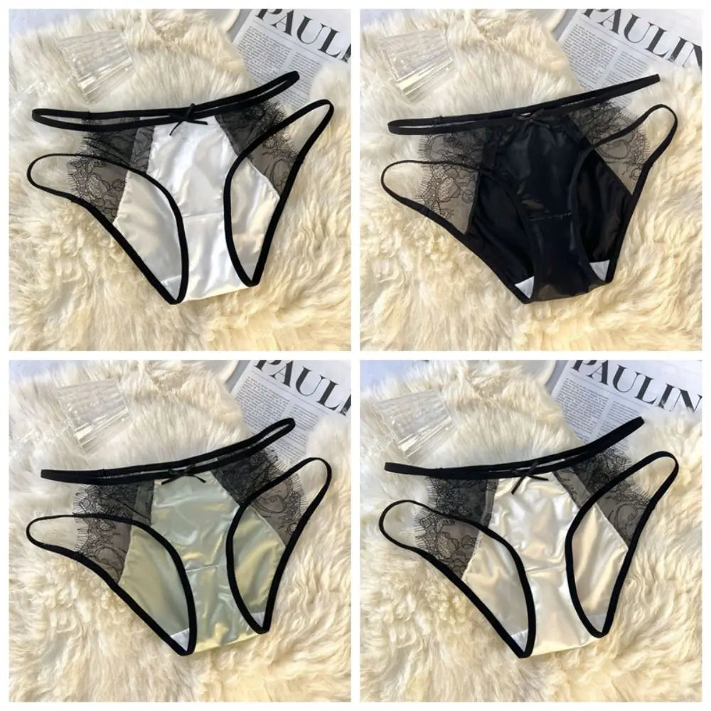 Cute Low Waist Underwear for Women Bow Transparent Sweet Lace Panties Hollow Mesh Satin Silk Briefs Female