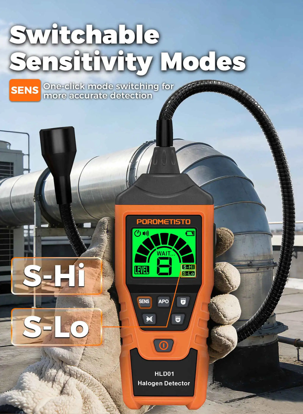 HLD01 Halogen Gas Leak Detector Rechargeable Level/Audio/Visual Alarms LED Light R134a R22 R12 High Sensitivity Gas Sensor Test