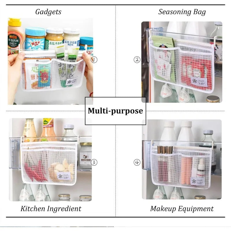 1PC Refrigerator Hanging Mesh Bag Double Compartment Storage Bag Fridge Side Door Organizer for Sauce Packet Kitchen Storage