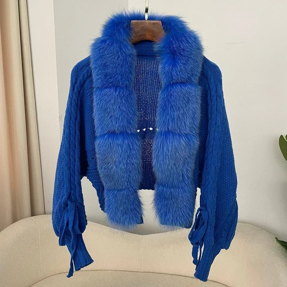 2024 Winter New Fashion Knitting Cardigan Placket Coat Women Casual Real Fox Fur Coat Short Warm Knitted Jacket with Natural Fur