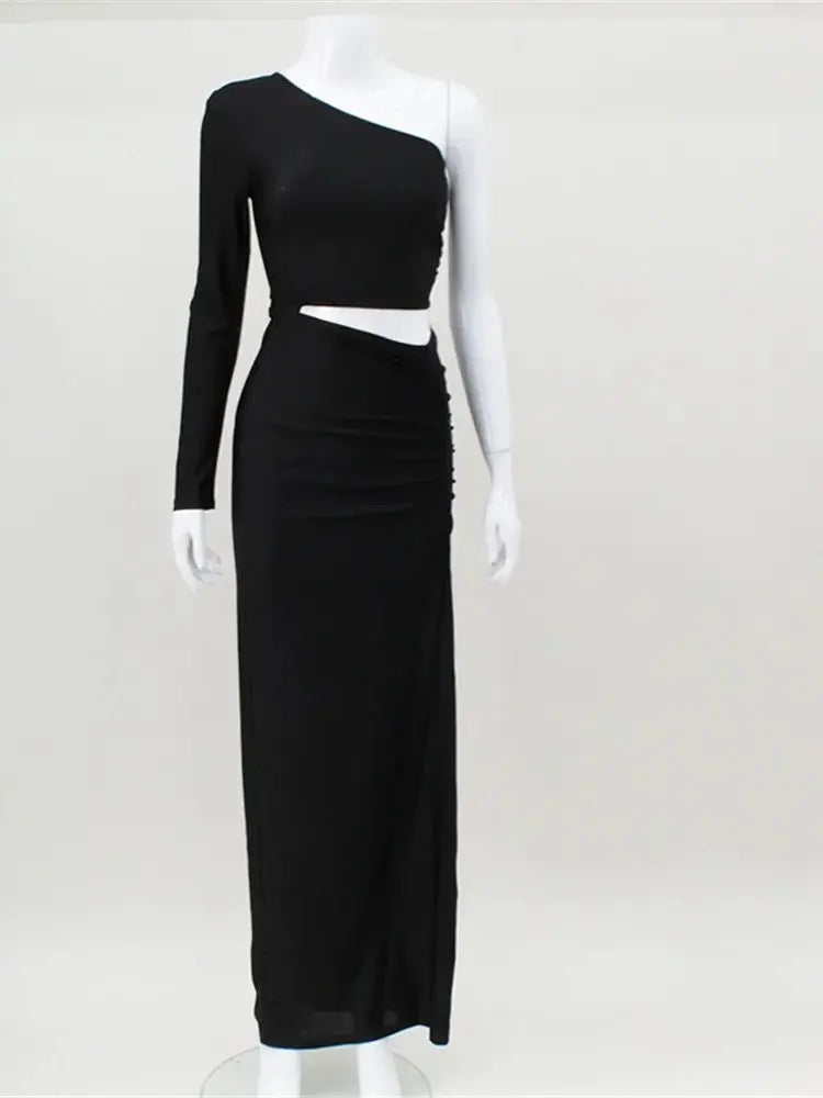 CNYISHE One Shoulder Cut Out Split Ruched Maxi Dress for Women Elegant Party Prom Gown Dresses Woman Sexy Birthday Outfits Robes