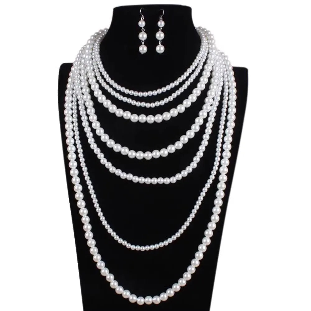 Fashiona Elegant Multi-layer Imitation Pearl Handmade Beaded Statement Necklace Women Wedding Party Accessories Sweater Chain