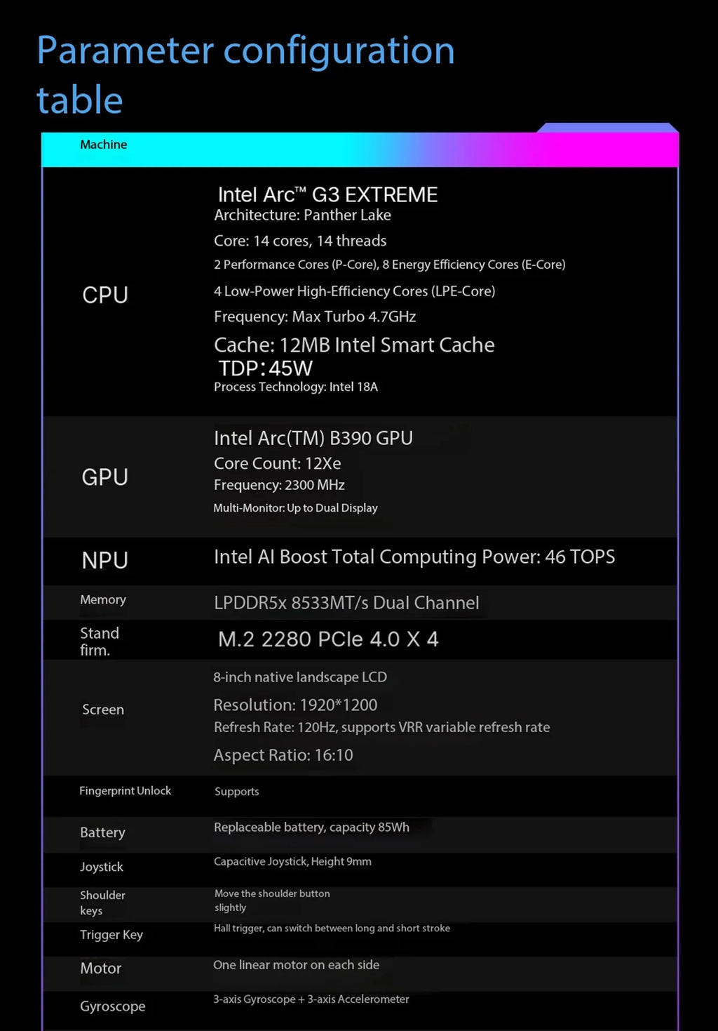 OneXPlayer APEX AIR Windows Handheld Game Console Intel Arc G3E 8" 120Hz VRR Screen 85Wh Swap Battery Dual SSD Cooling Gaming PC