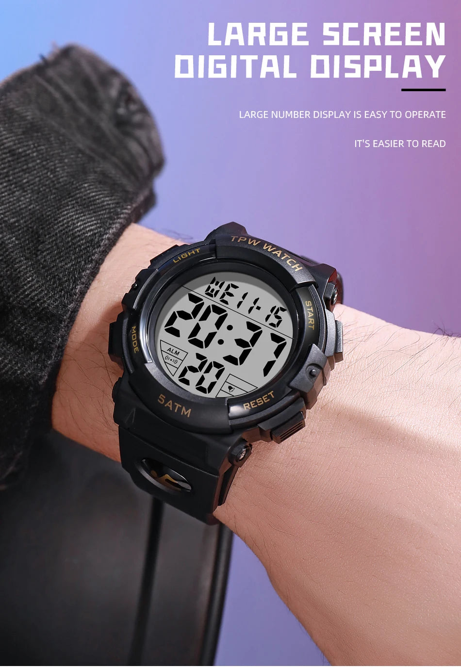 TPW Digital Watch with Big Numbers 5ATM Water Resistant Day Date Alarm Function Adventure Watch