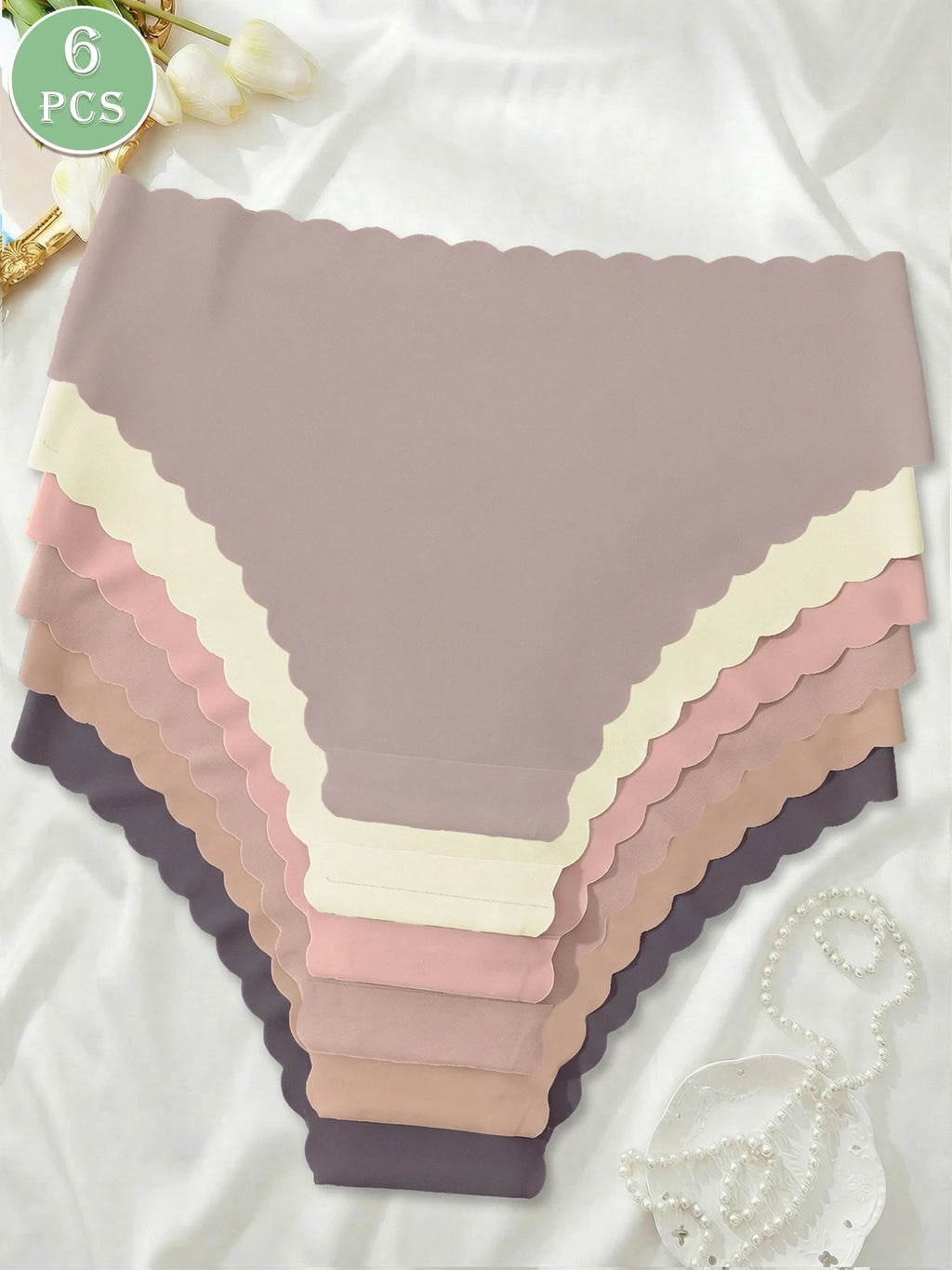 6-Piece Set of Women's Solid Color Underwear with Wavy Lace, Smooth, Seamless, Comfortable, Breathable and Quick Drying