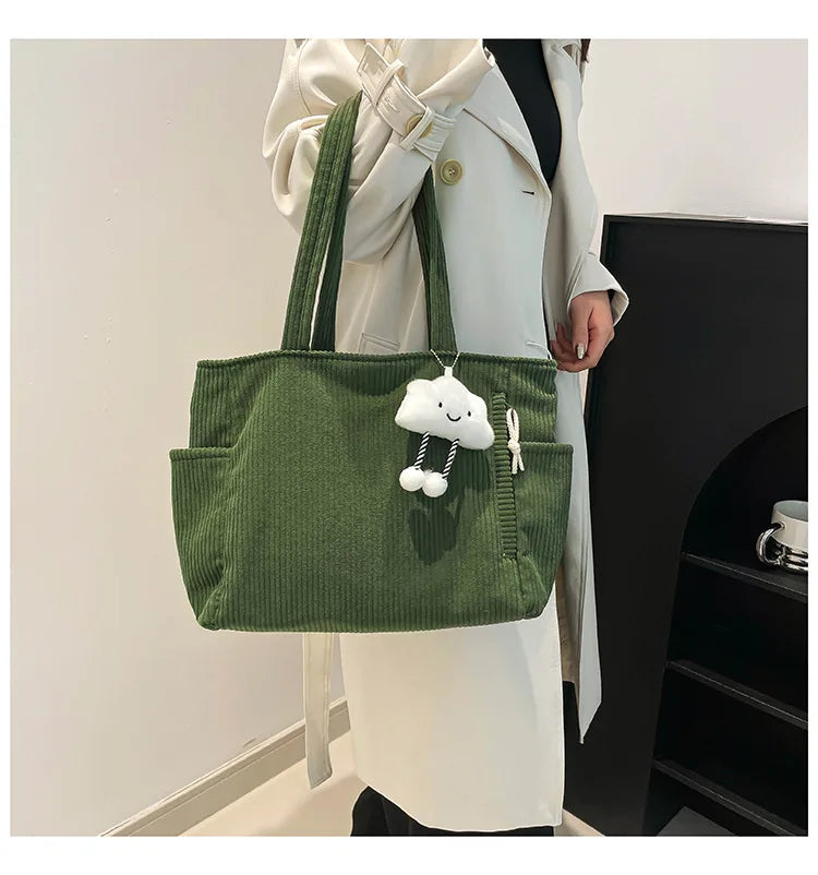 Corduroy Women Bag Fashionable Large Capacity Handbag Shoulder Bag Versatile Artistic Retro Student Class Bag with Zipper Pocket