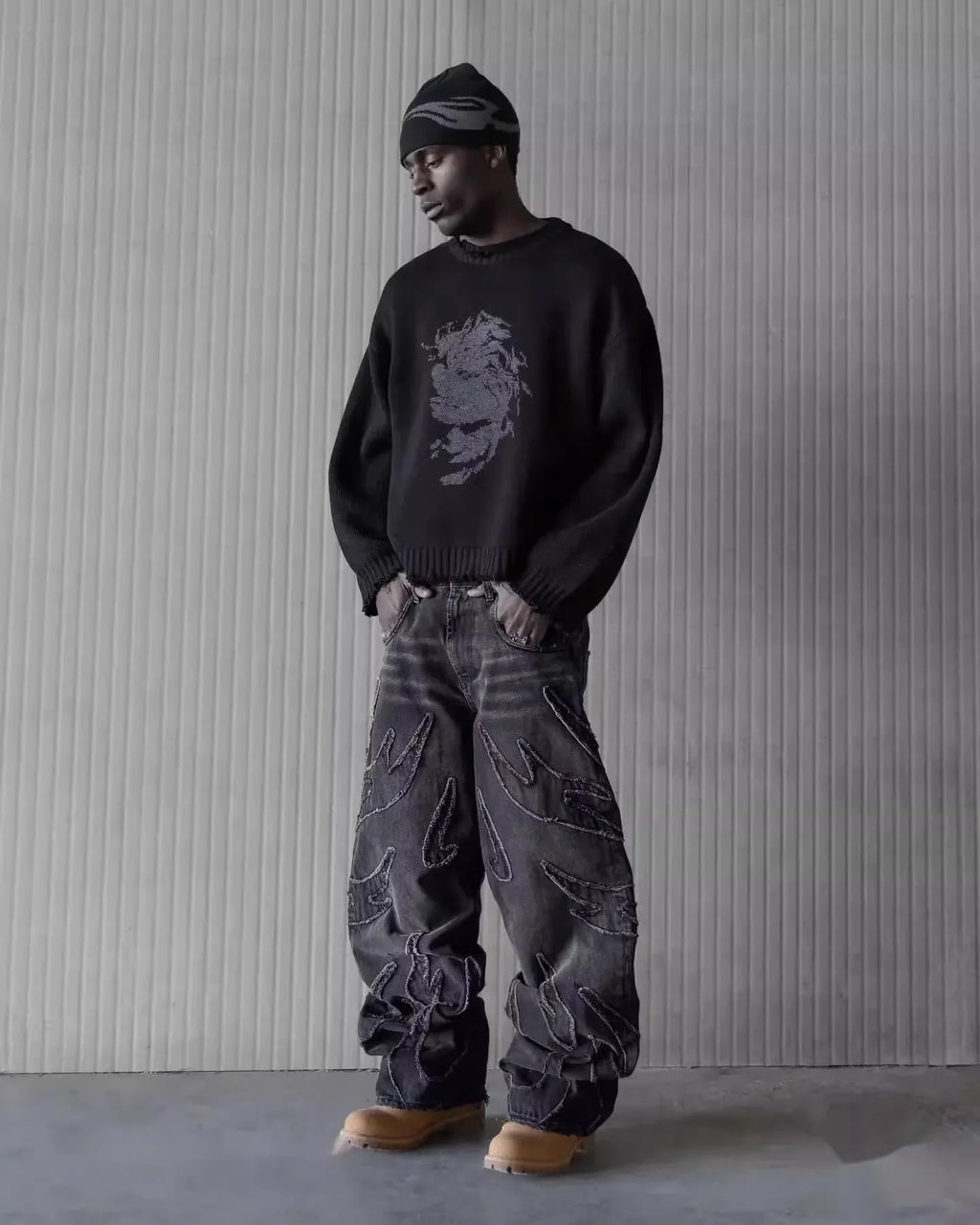 Men Denim Pants Jeans Spliced Wide Leg Pants Long Jean Patchwork Pockets Streetwear Mid Waist Washed Distressed Pant Vintage