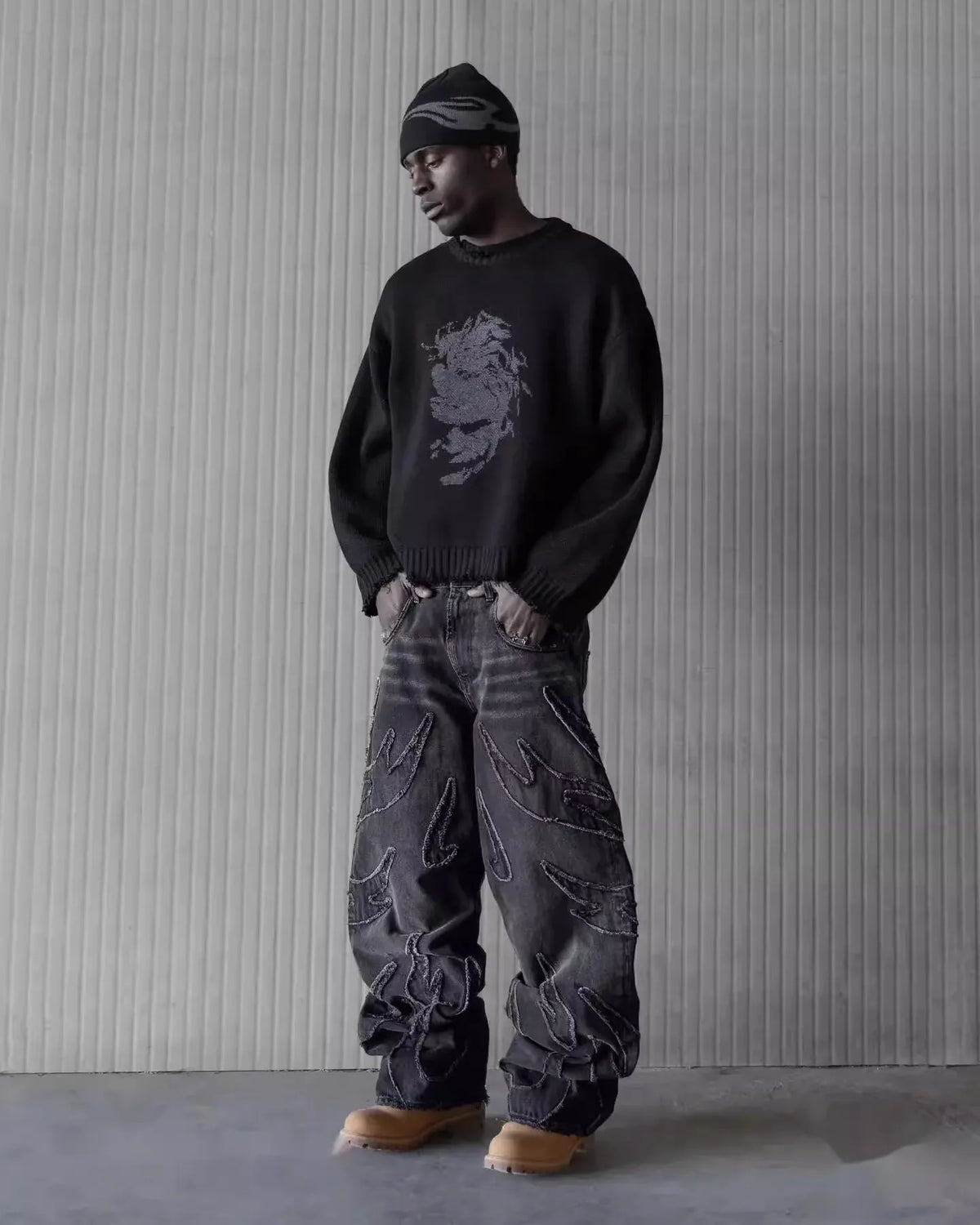Men Denim Pants Jeans Spliced Wide Leg Pants Long Jean Patchwork Pockets Streetwear Mid Waist Washed Distressed Pant Vintage
