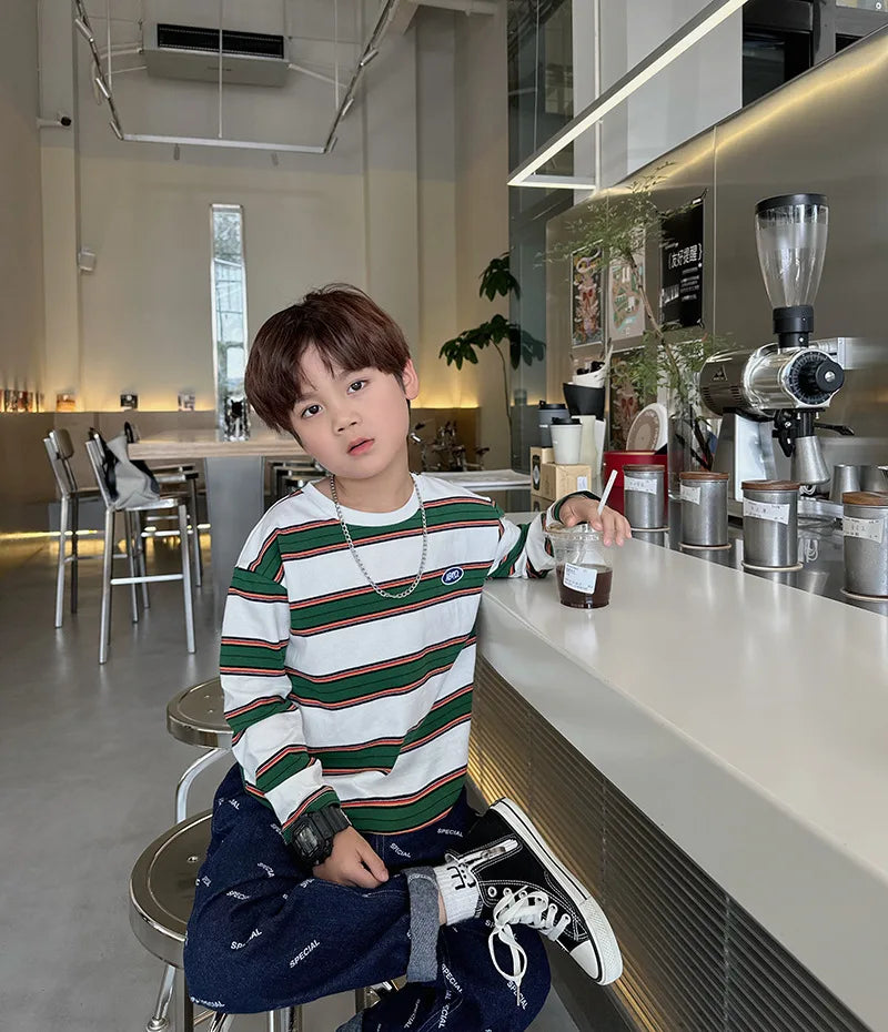 2025 autumn Children Clothes Girls Long Sleeves Bottoming Shirts Cool Boys Stripe Cotton T-shirt Teen Loose Casual 2-7y Kids Top