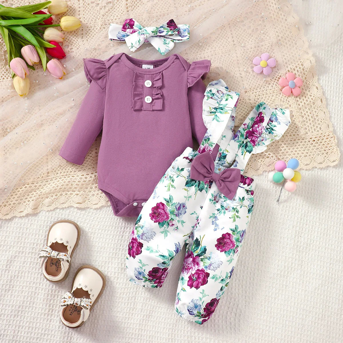 0-24 Months Newborn Baby Girl 3PCS Clothes Set Long Sleeve Romper+Flower Strap Pants+Headband Spring&Autumn Lovely Outfit
