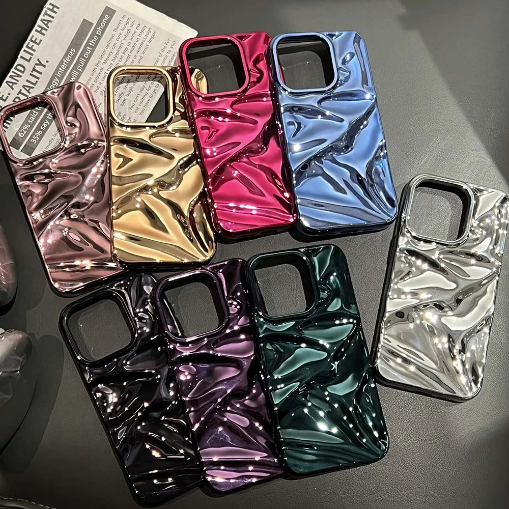 Luxury Electroplate Silvery 3D Wrinkle Phone Case For iphone 17 16 15 14 13 11 12 Pro Max 17Air Purple Water Ripple Soft Cover