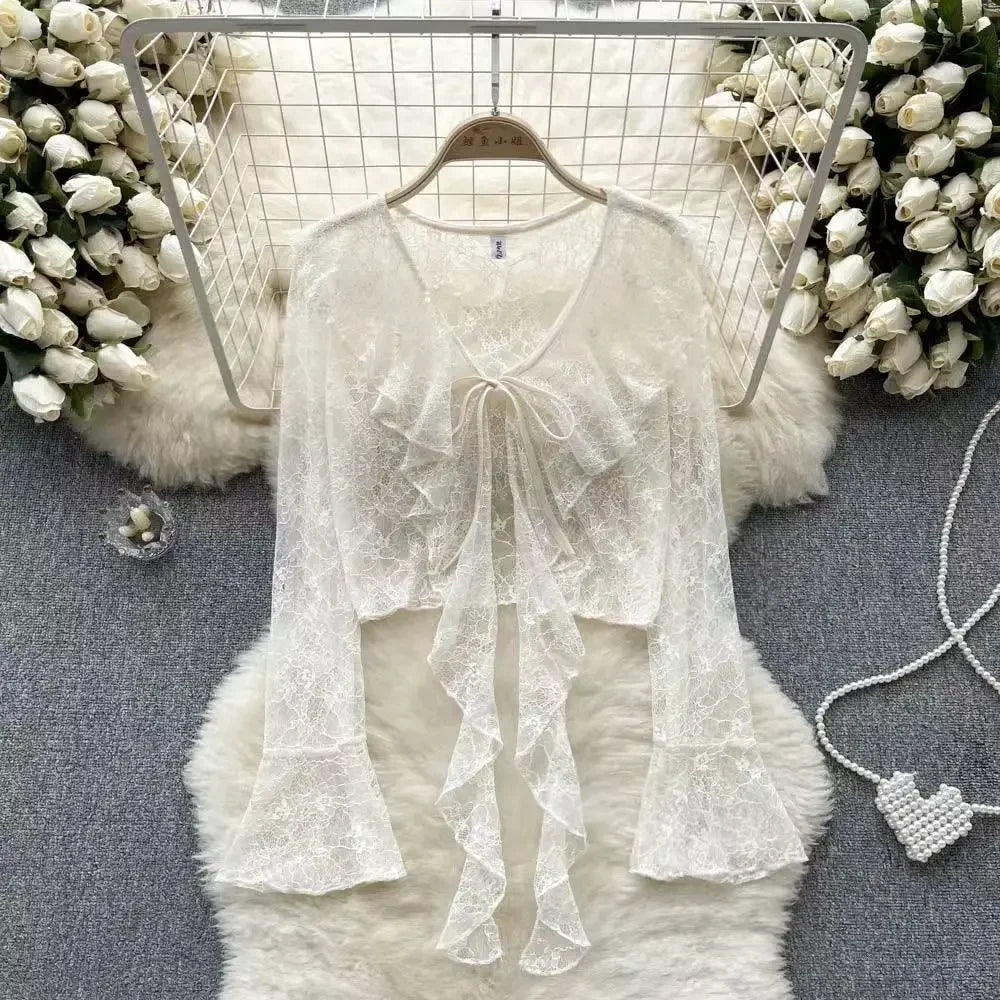 Women's Lace Cover Up Cardigan Cropped Tie Front Bell Sleeves Blouse Lightweight Shawl Jacket Outwear Blouse For Covers Clothing