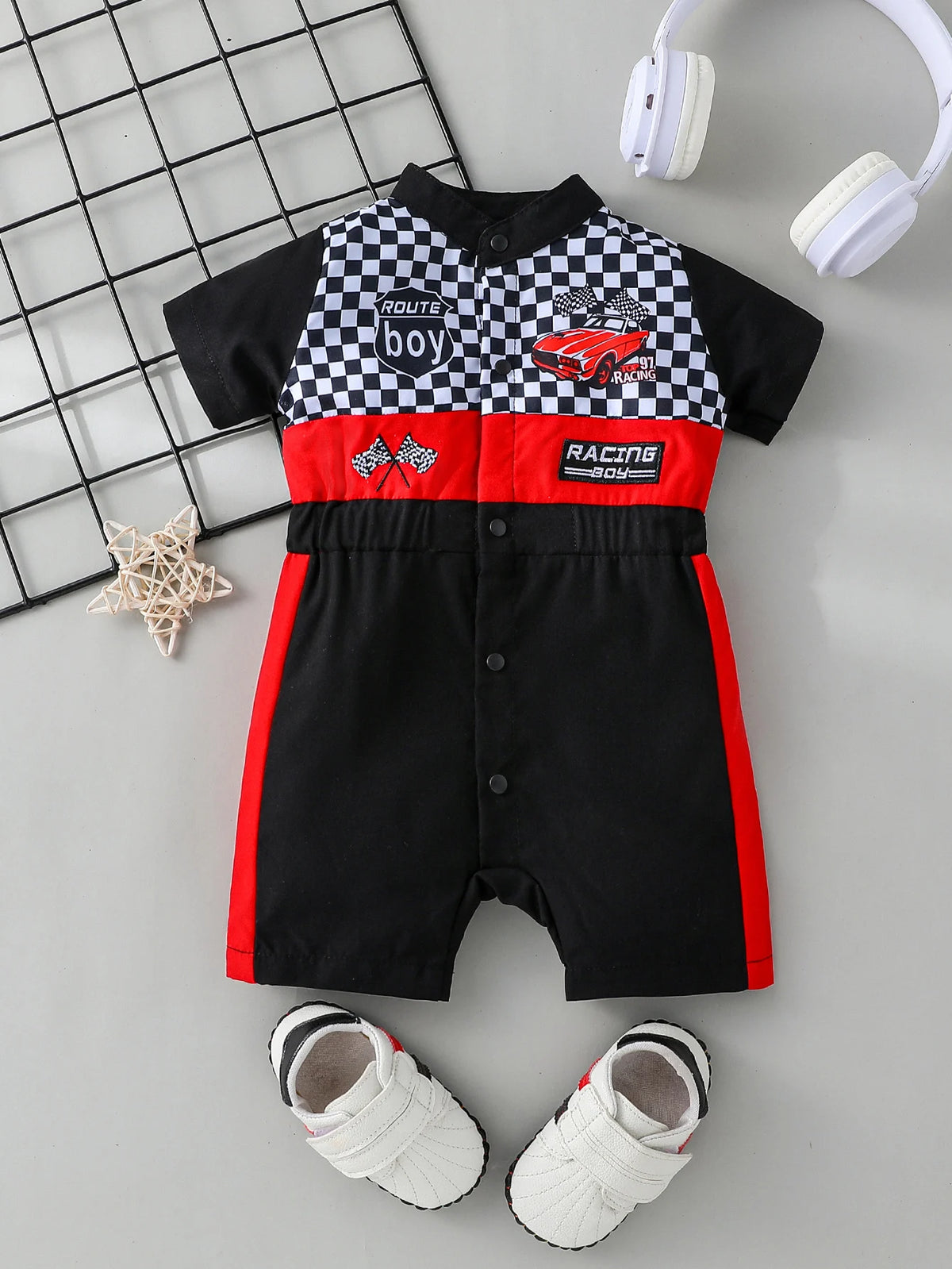 Newborn Baby Boy Styling Suit Mini Racer Outfit with Embroidered Stand Collar and Zipper Denim Overalls