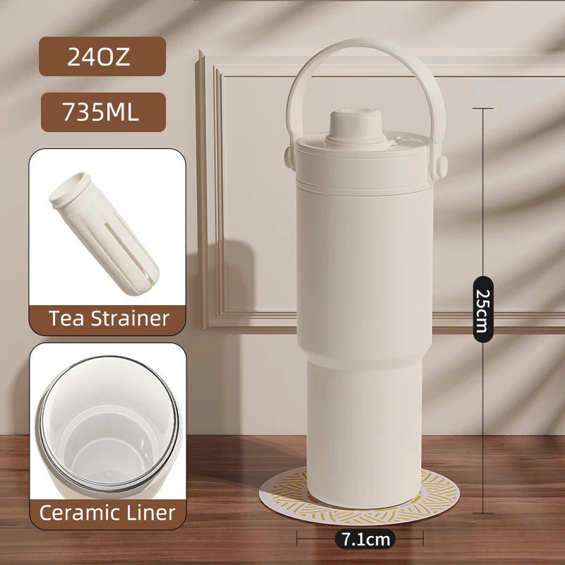 Ceramic Tumbler with Handle Thermal Mug Large 24OZ Straw Portable Cold Coffee Thermos Lined Insulated Vacuum Flask Travel Bottle