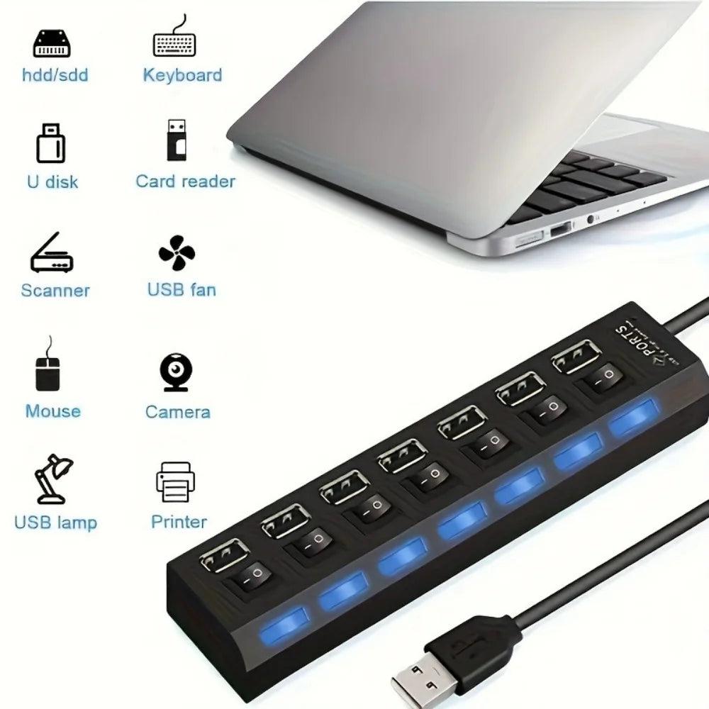4/7 Port USB 2.0 Hub with Switch and LED High Speed Multi Splitter Expander Adapter For PC Laptop Desktop Computer Accessories