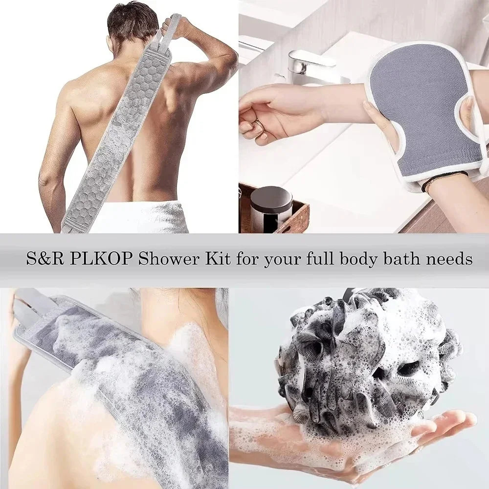 3pcs Exfoliating Body Scrubber Set - Includes Back Scrubber, Bath Glove and Shower Bath Sponge Loofah - Deep Clean and Vitalize