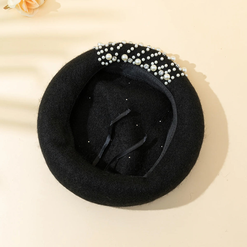 Ladies' Water Diamond Beaded Woolen Autumn and Winter Warm and Fashionable Y2K Beret for Daily Gatherings, Shopping and Outings